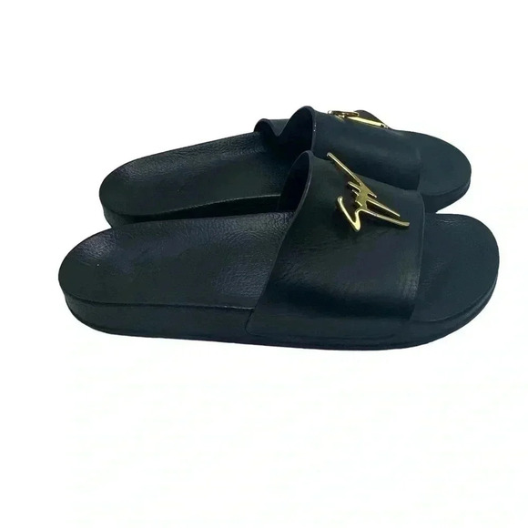 Giuseppe Zanotti Brett black leather Slide Sandal With gold Logo size 42 main image 5
